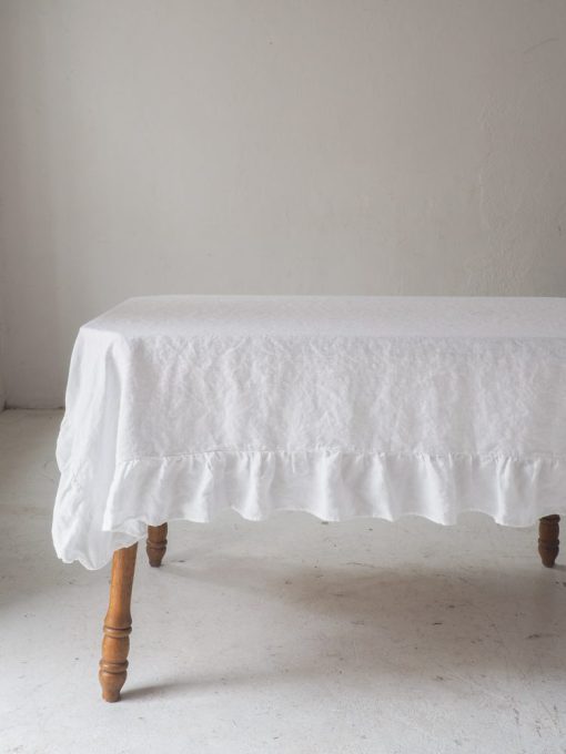 White linen ruffled tablecloth farmhouse