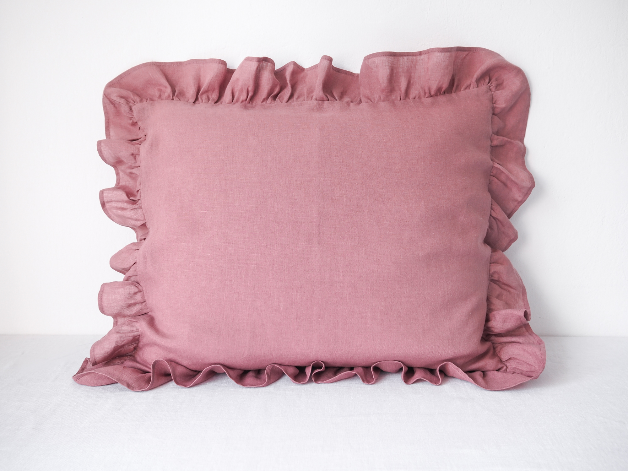 linen pillowcase with ruffles dusty pink