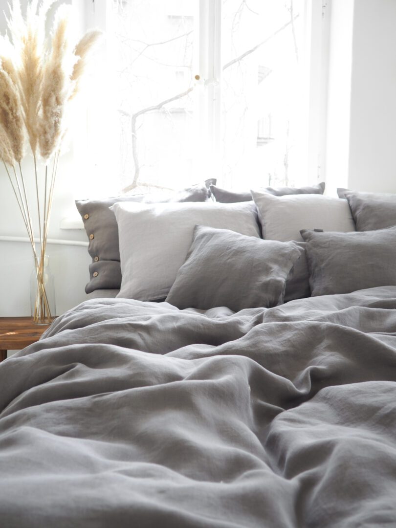 Gray linen bedding