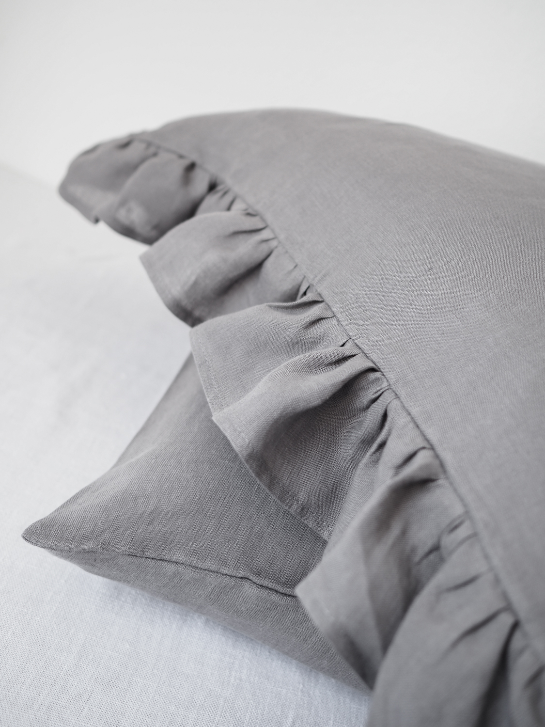 Gray ruffled linen pillow covers