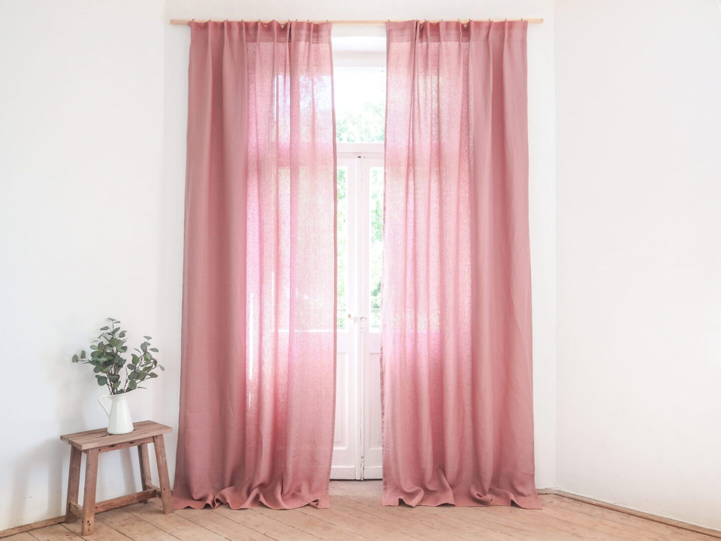 Pink linen curtain panel with gathering tape