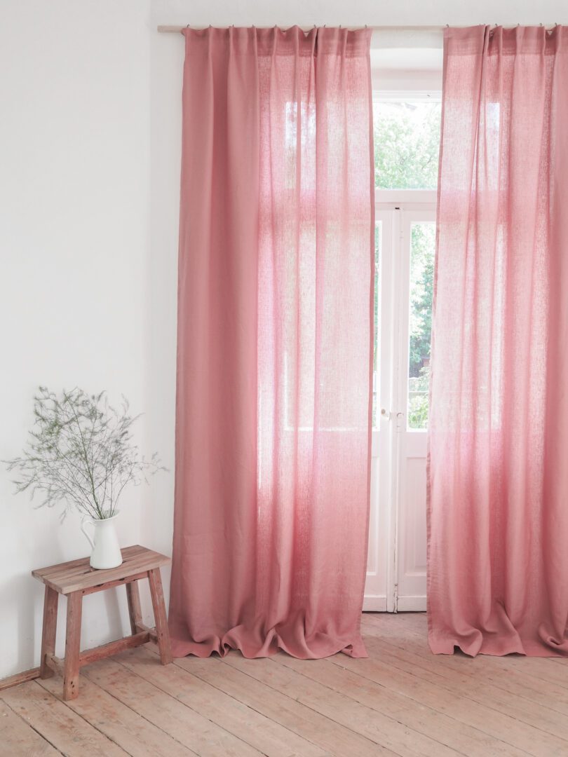 Pink linen curtain panel with gathering tape