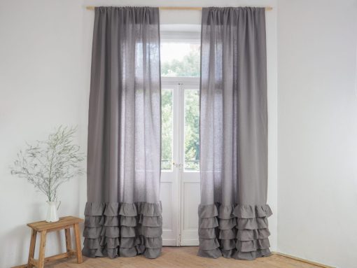 Grey linen curtain with ruffles