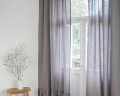 Grey linen curtain with ruffle