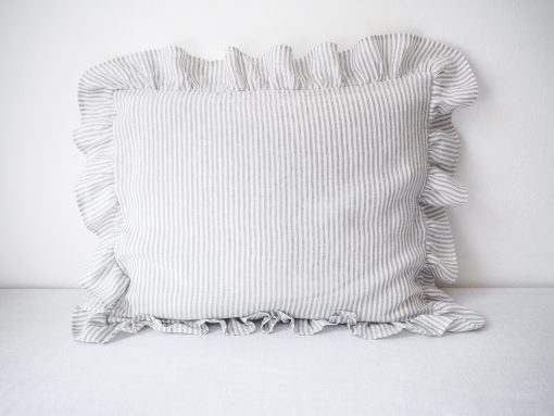 Striped linen ruffled pillow cases