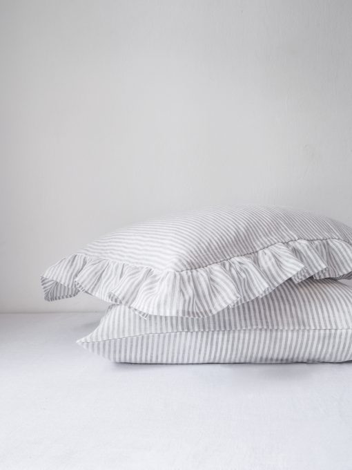 Striped linen ruffled pillow cases