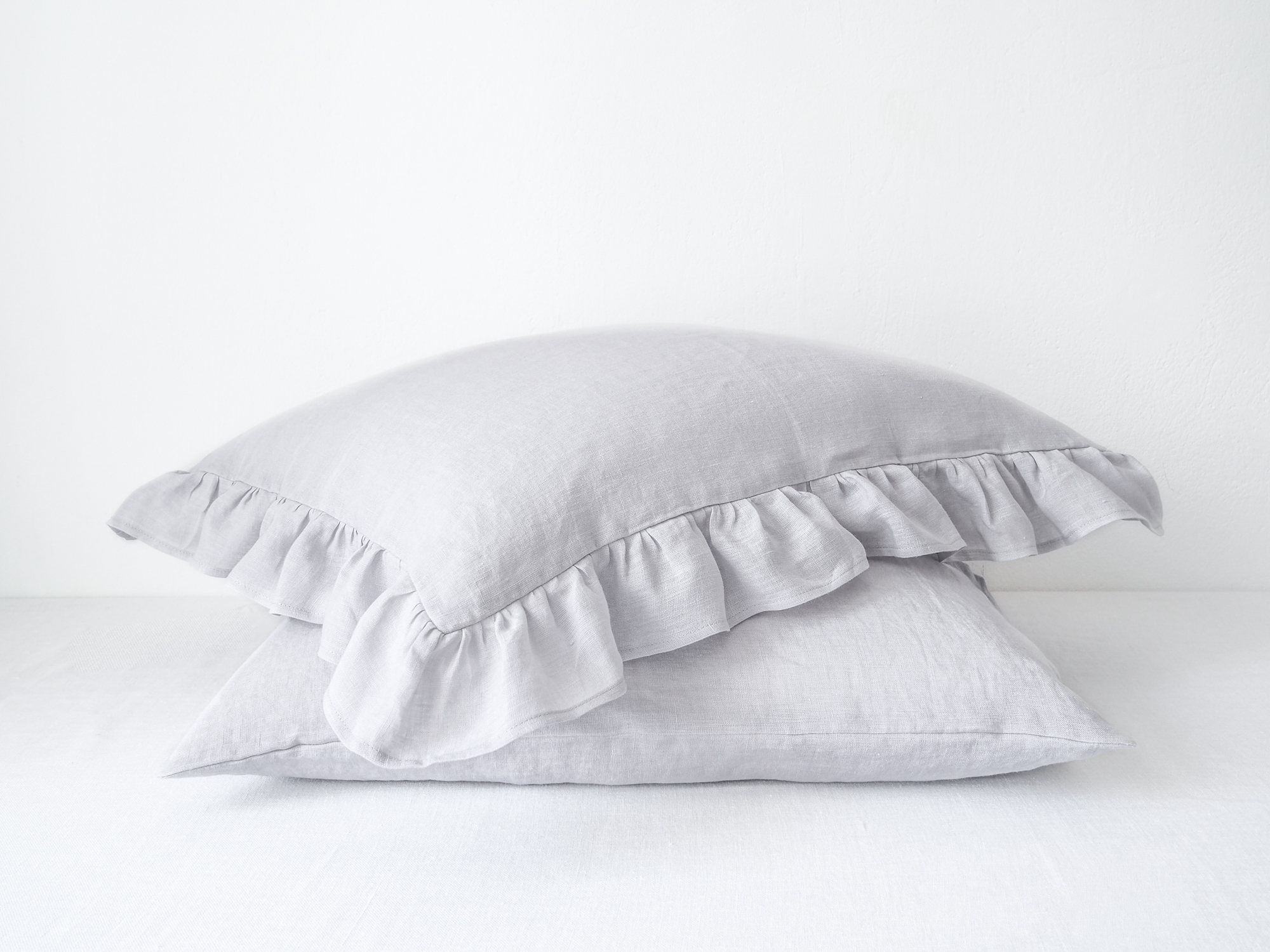 Light gray linen ruffled pillowcases