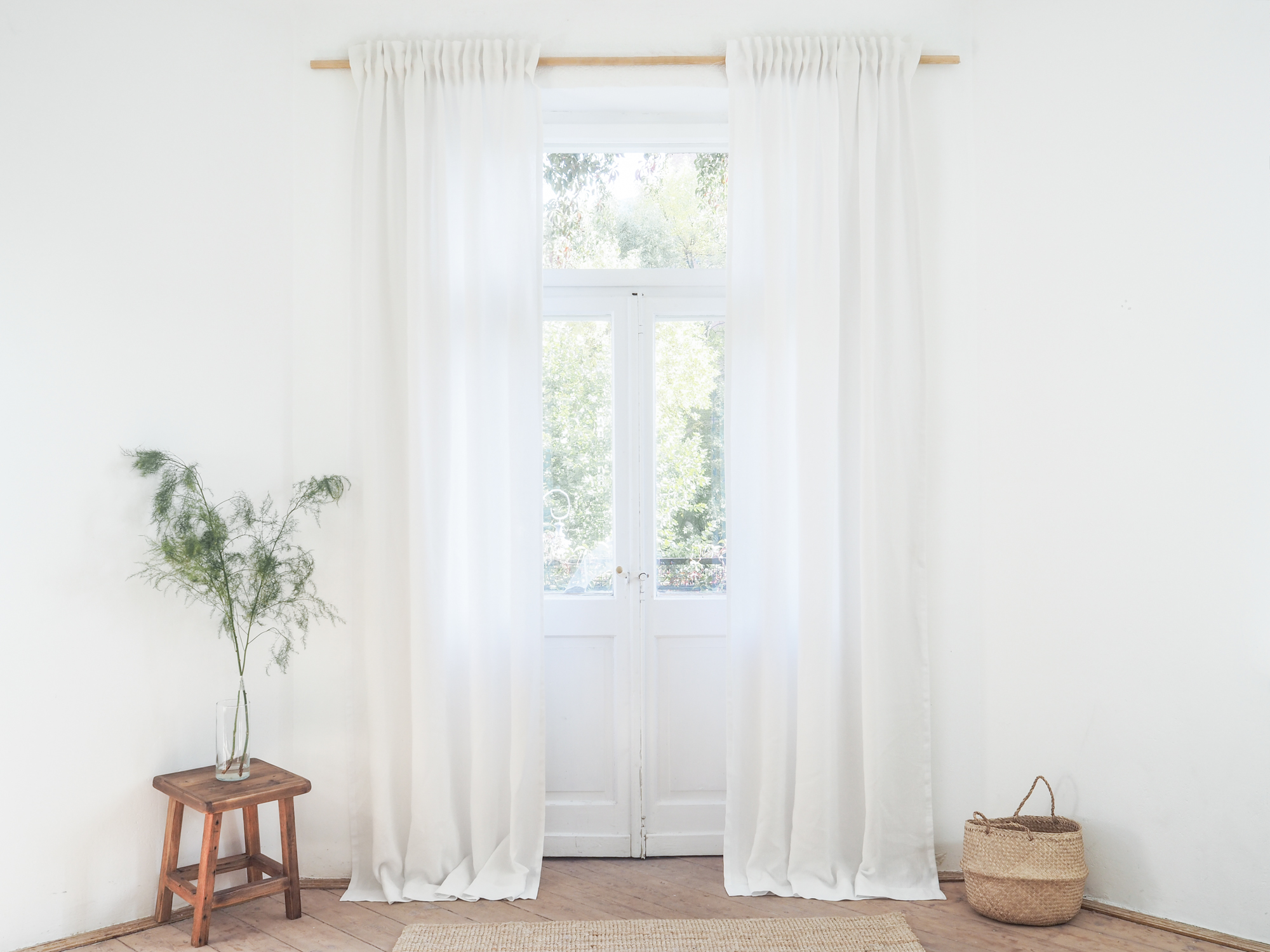 White darkening linen curtains with tape