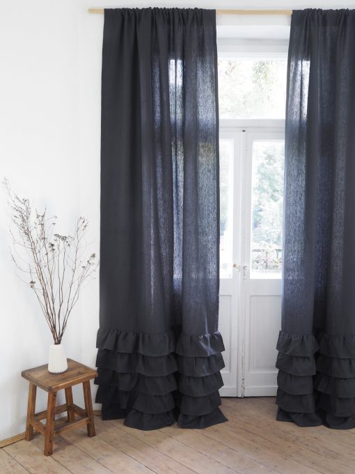 Charcoal ruffled heavy linen curtain