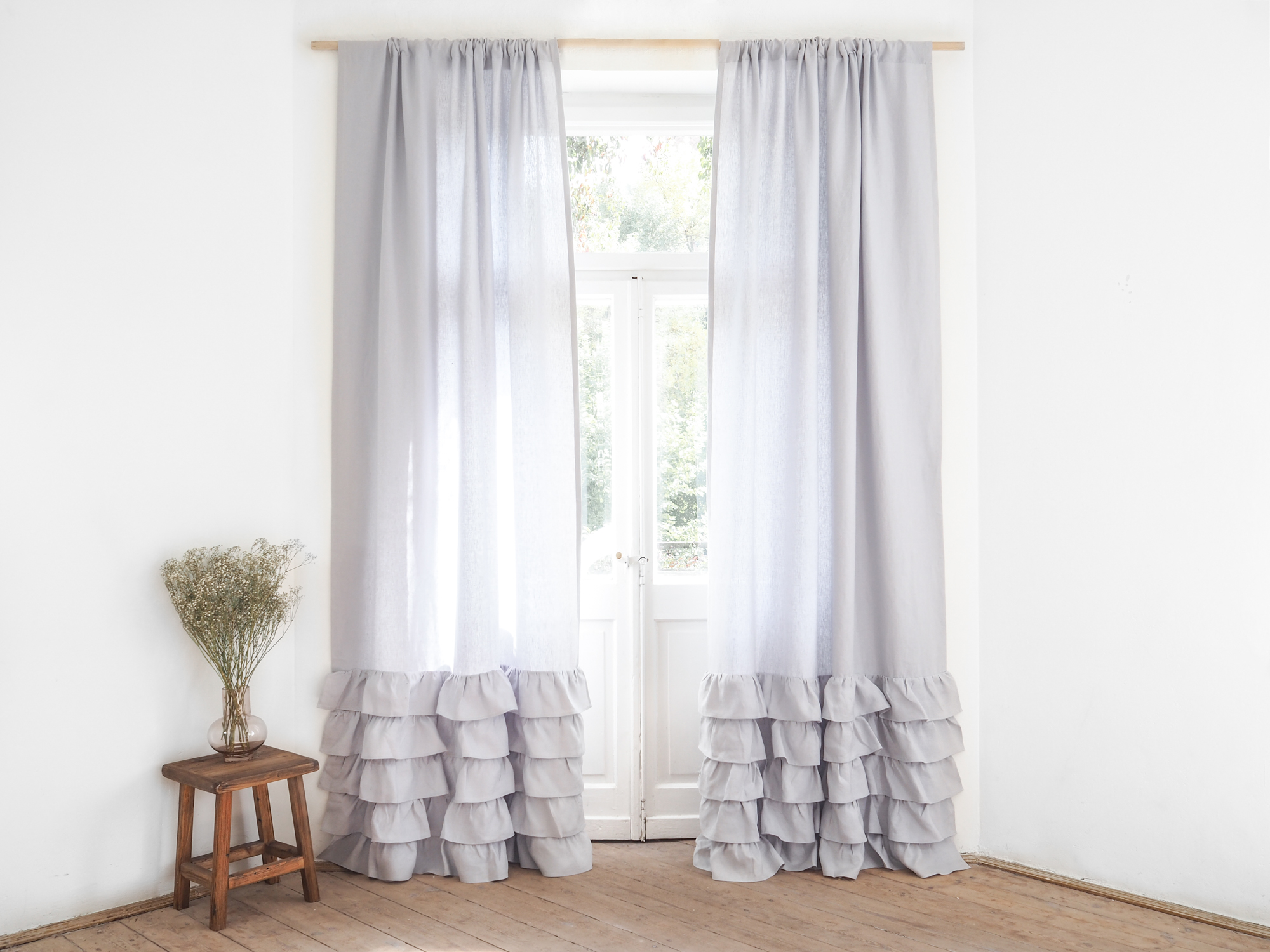 Light gray ruffled heavy linen curtain