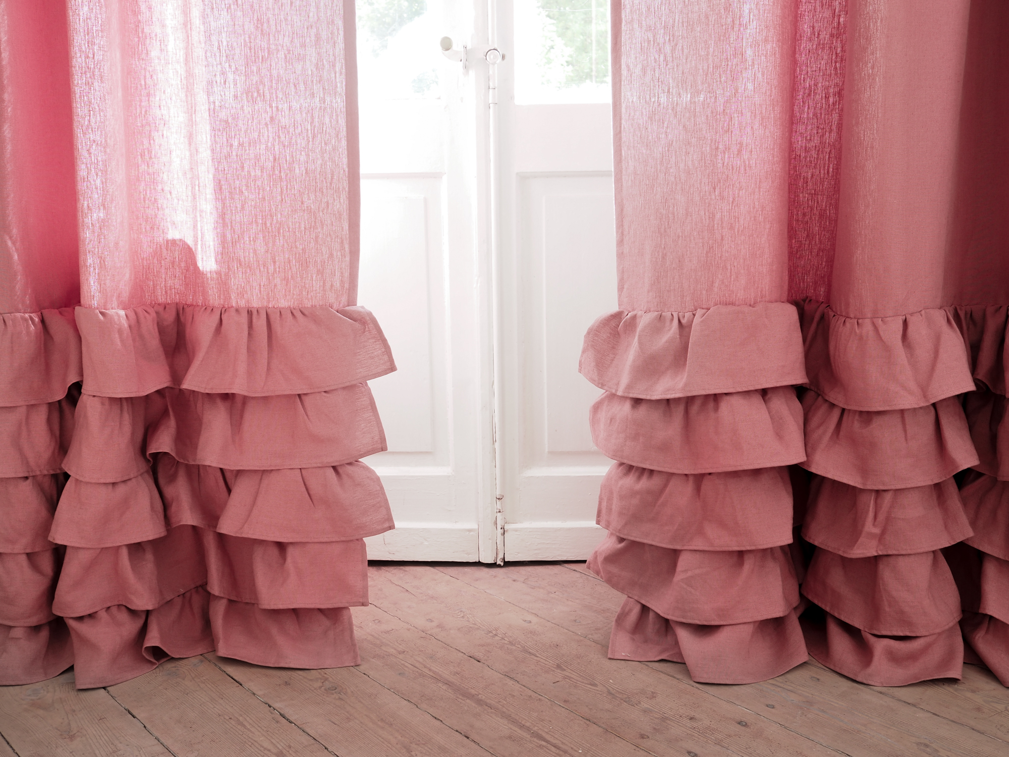 Pink Ruffled Heavy Linen Curtain 100 European Stonewashed