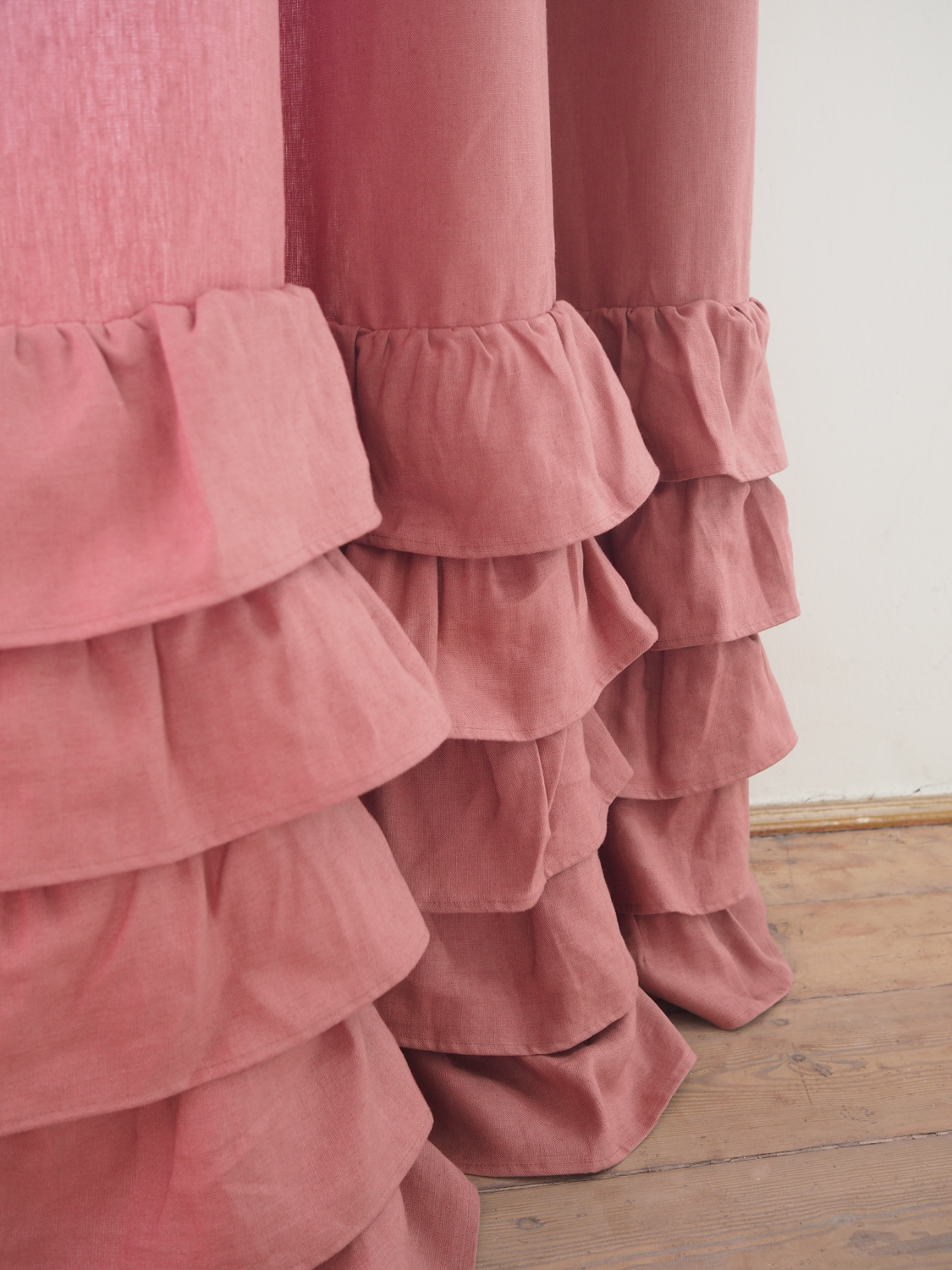 Pink Ruffled Heavy Linen Curtain 100 European Stonewashed
