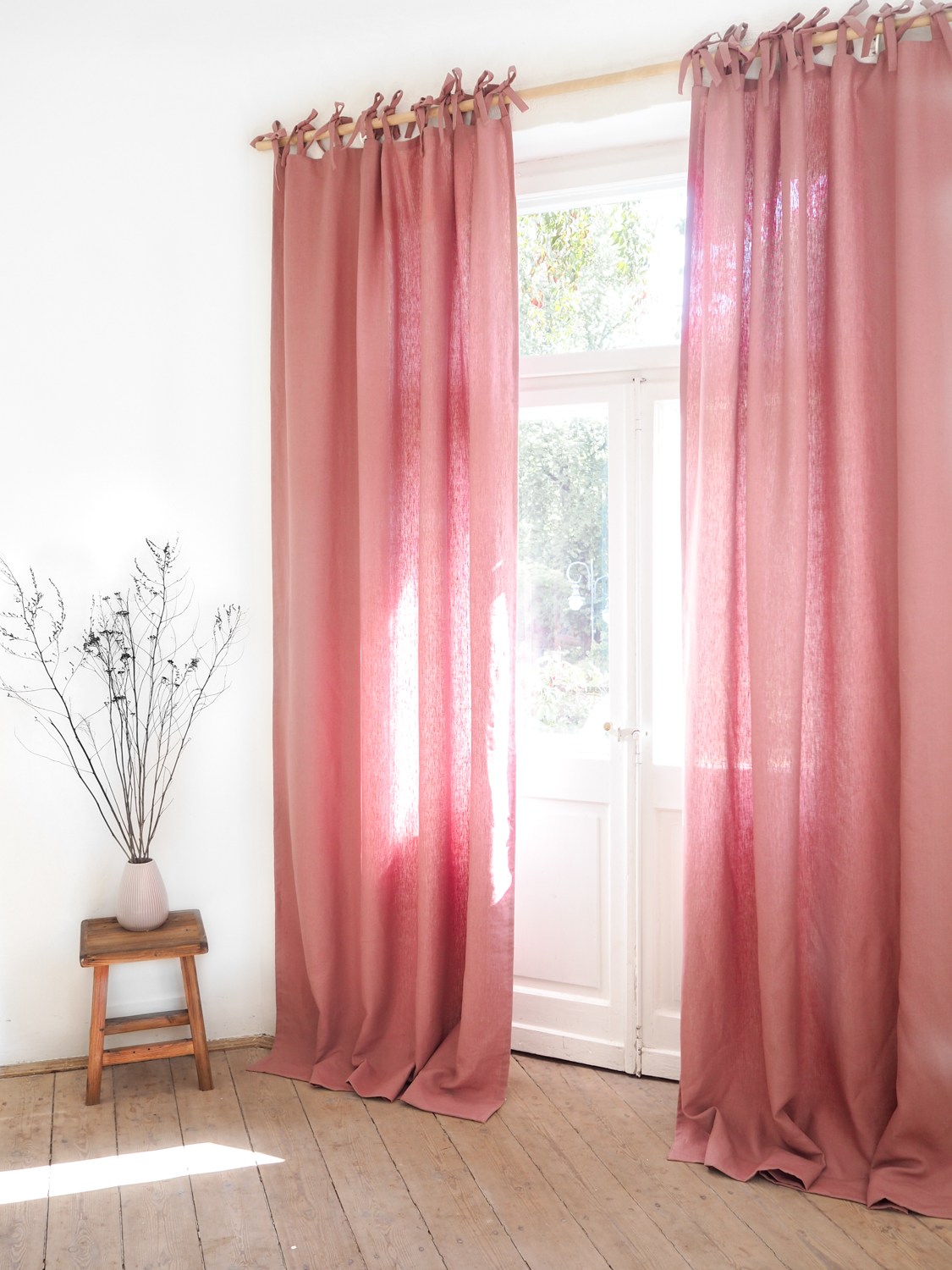 Pink tie top heavy linen curtains