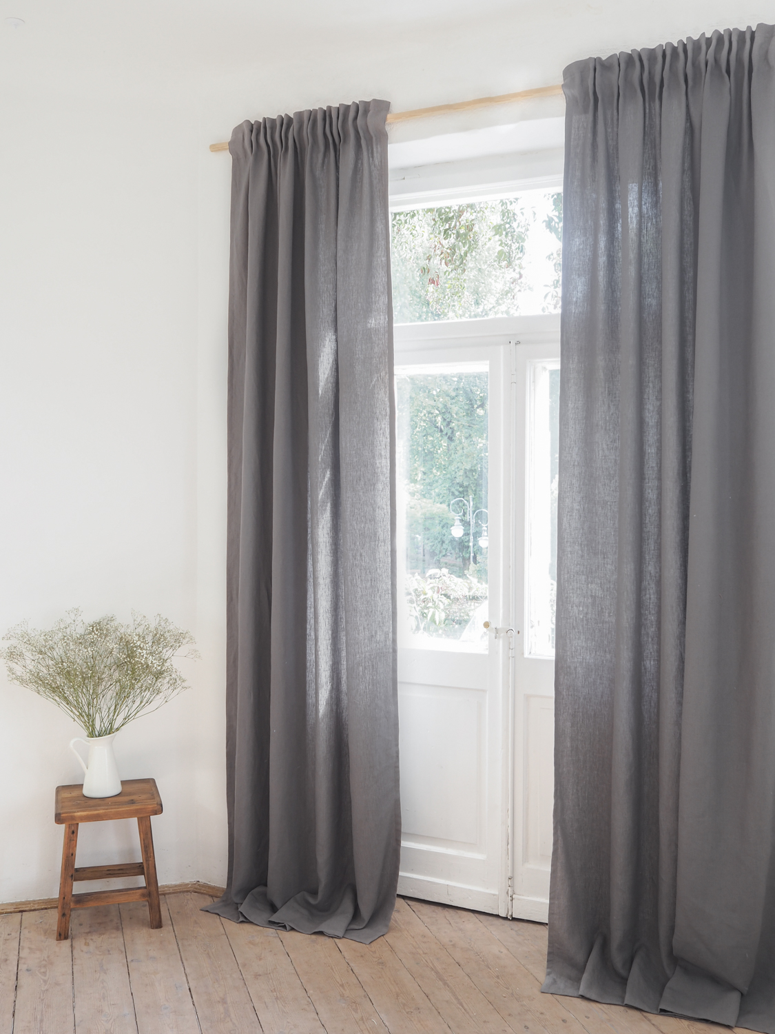 Gray solid linen curtains with tape