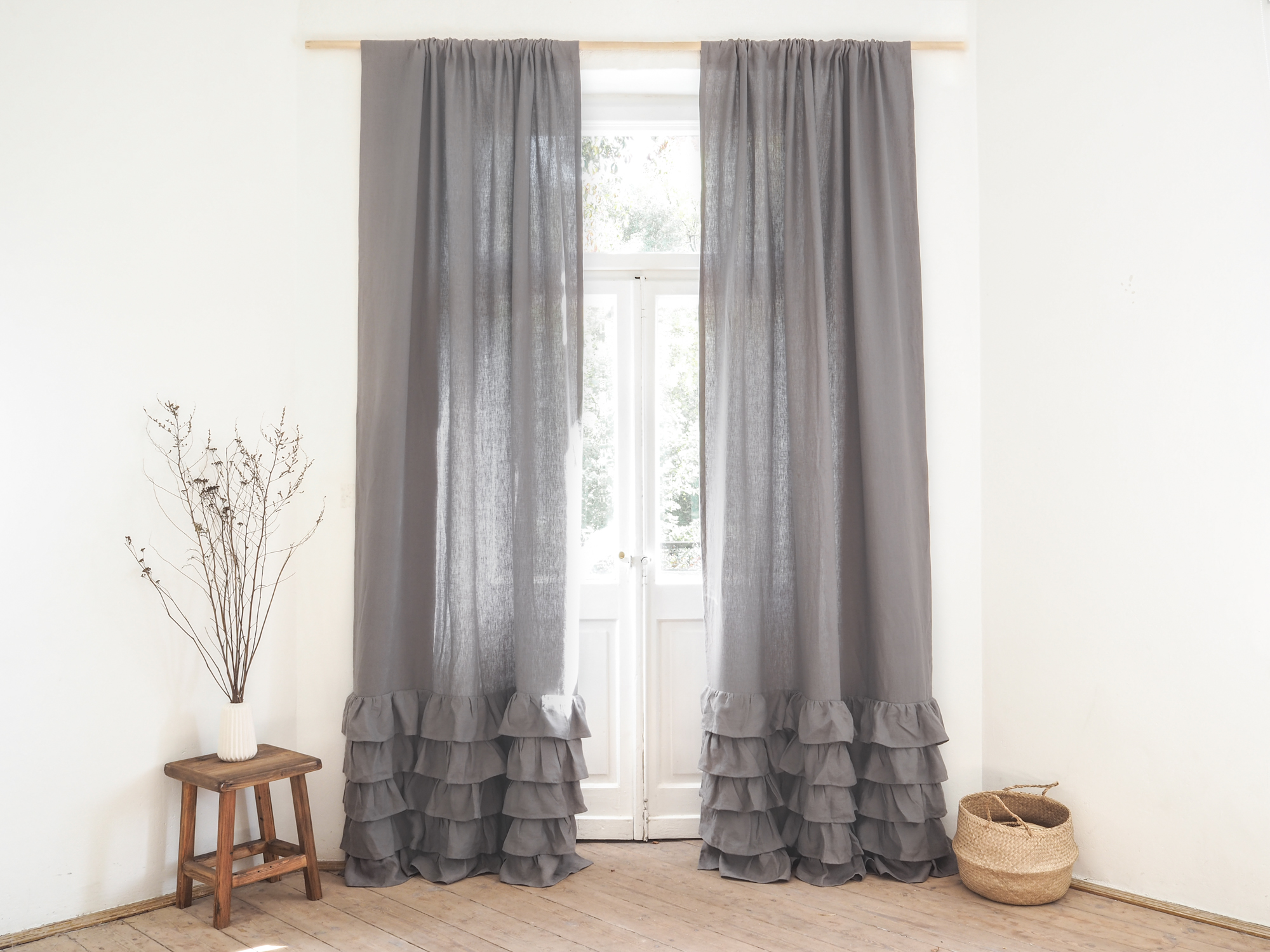 Gray ruffled heavy linen curtain