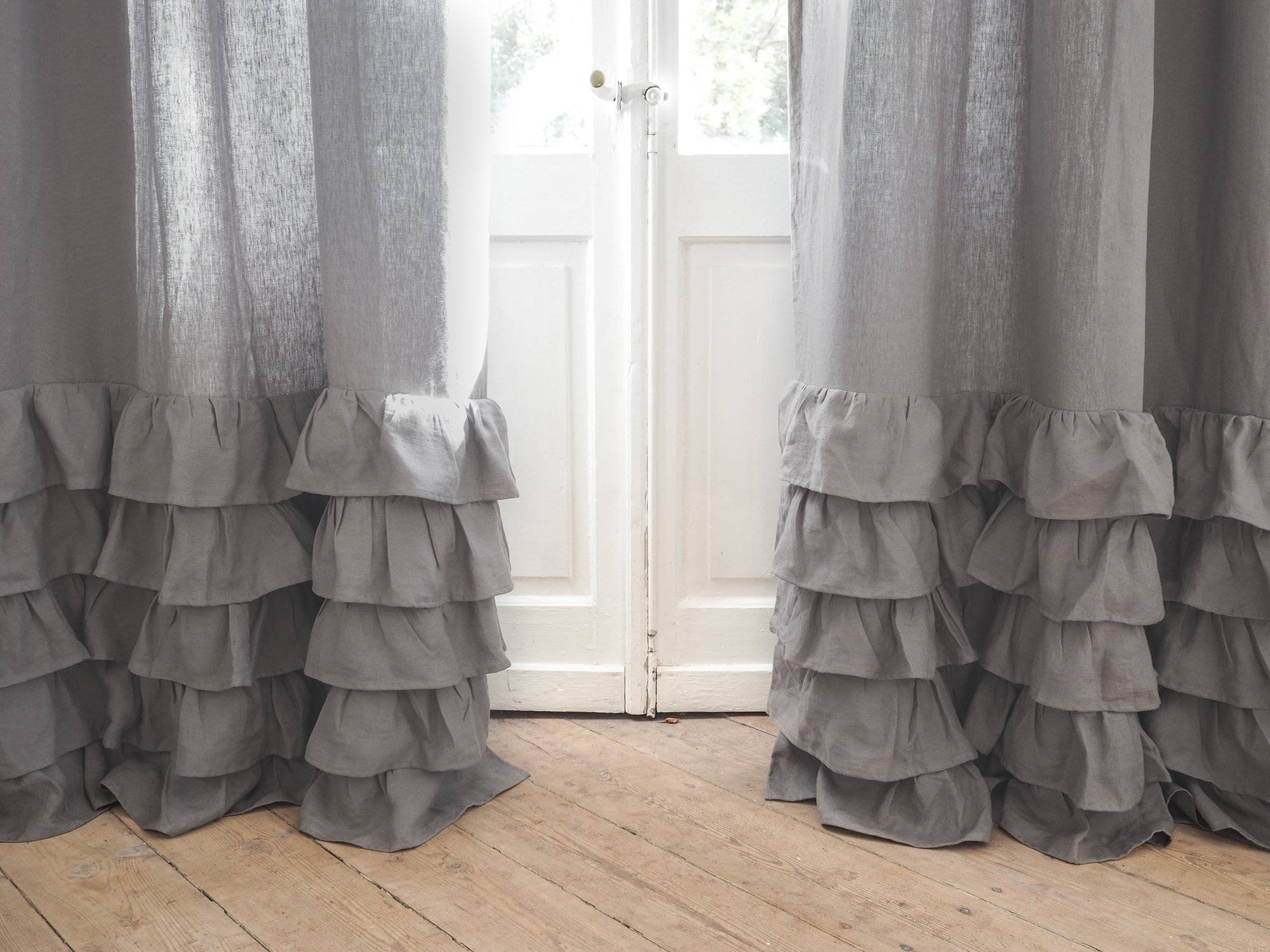 Gray ruffled heavy linen curtain