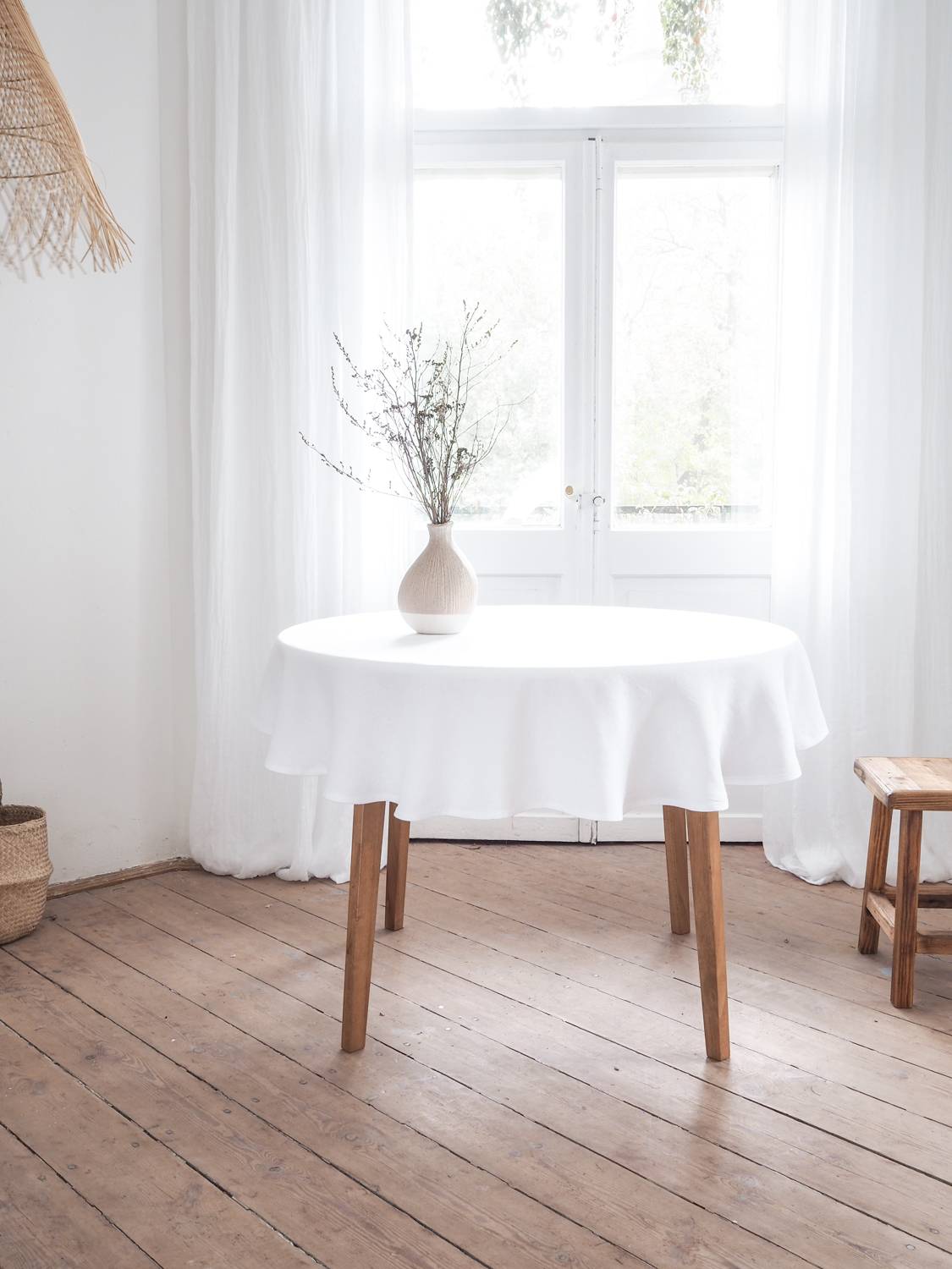 Weiße runde Leinen-Tischdecke | 100% Leinen | Tischdecken