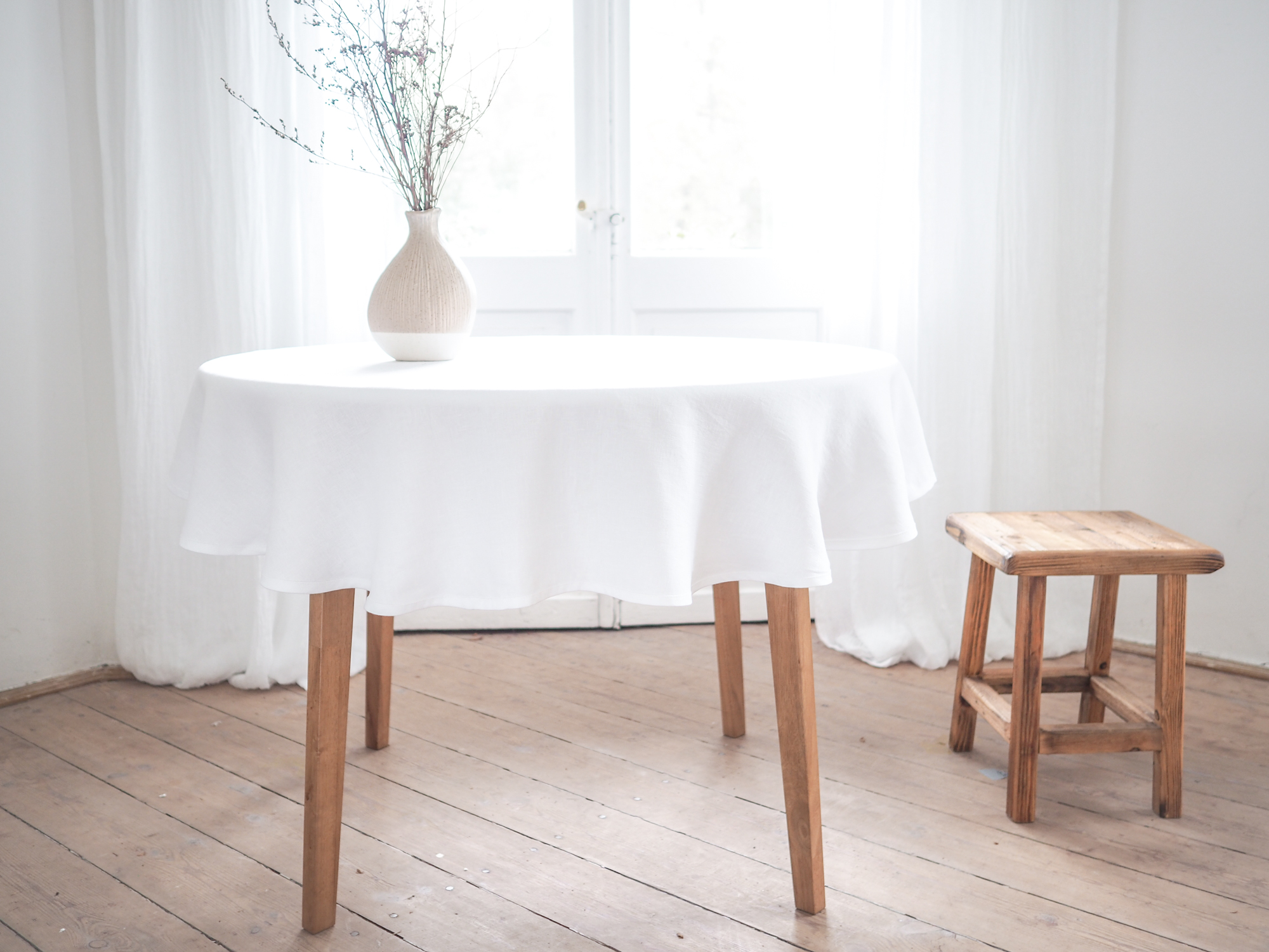 Weiße runde Leinen-Tischdecke | 100% Leinen
