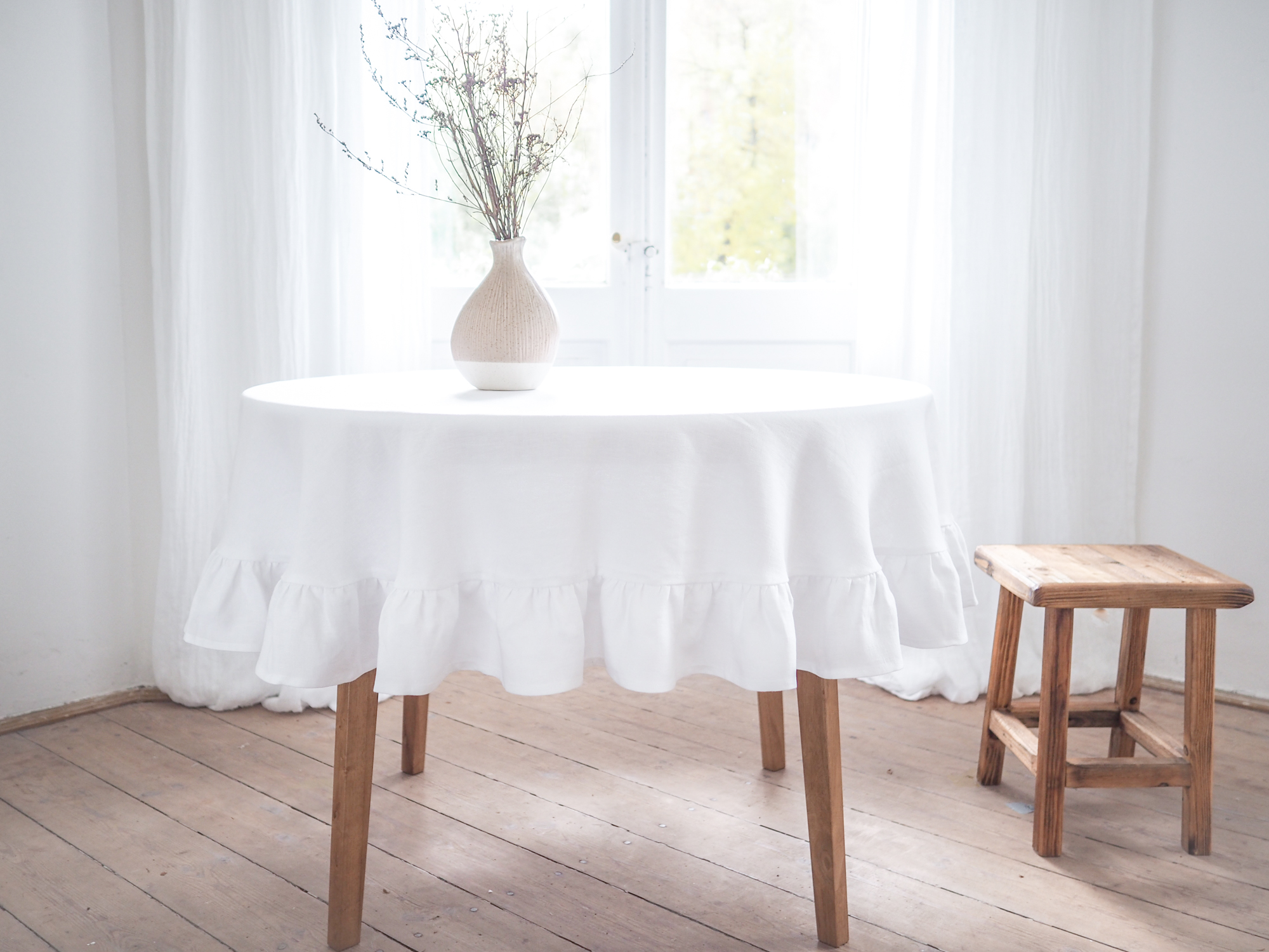 100% | Tischdecke mit Leinen Leinen Runde Weiße Rüsche