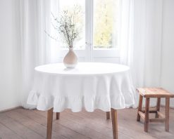 Weißes runde Leinen-Tischdecke