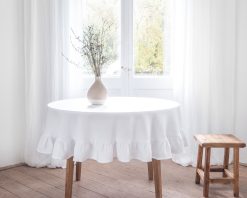 White round ruffled linen tablecloth