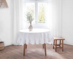 White round ruffled linen tablecloth