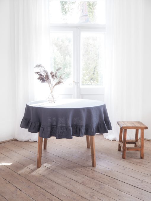 Charcoal round ruffled linen tablecloth