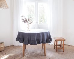 Charcoal round ruffled linen tablecloth