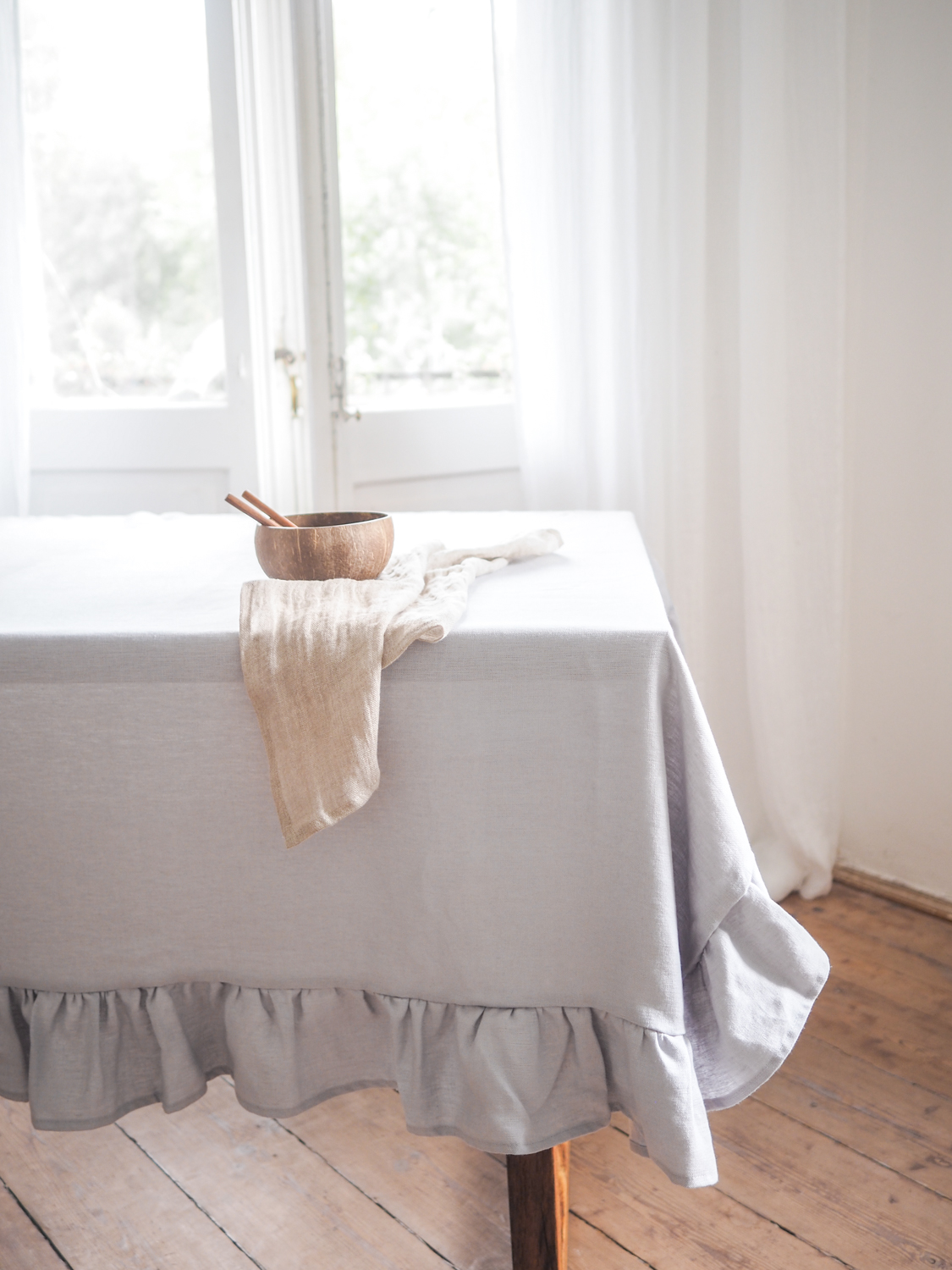 Light gray thick linen tablecloth