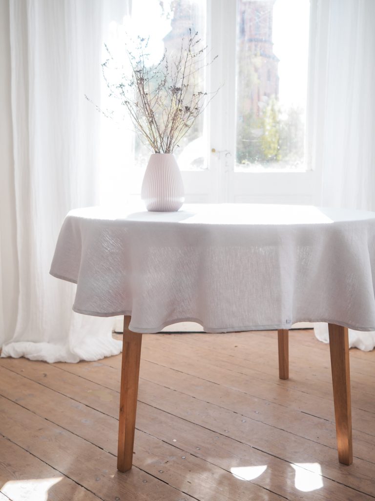 Round lightgray linen tablecloth