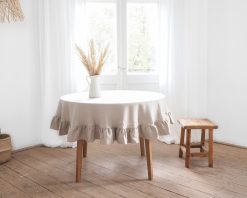 Ruffled round linen tablecloth