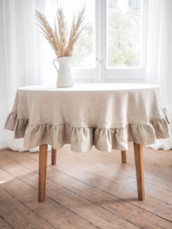 Ruffled round linen tablecloth