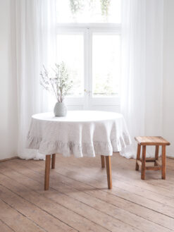 Striped round ruffled linen tablecloth