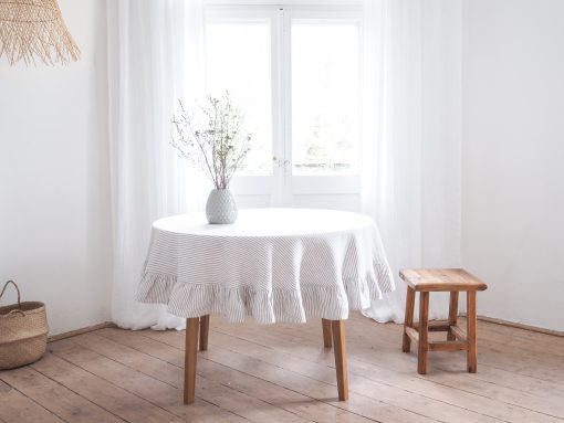 Striped round ruffled linen tablecloth