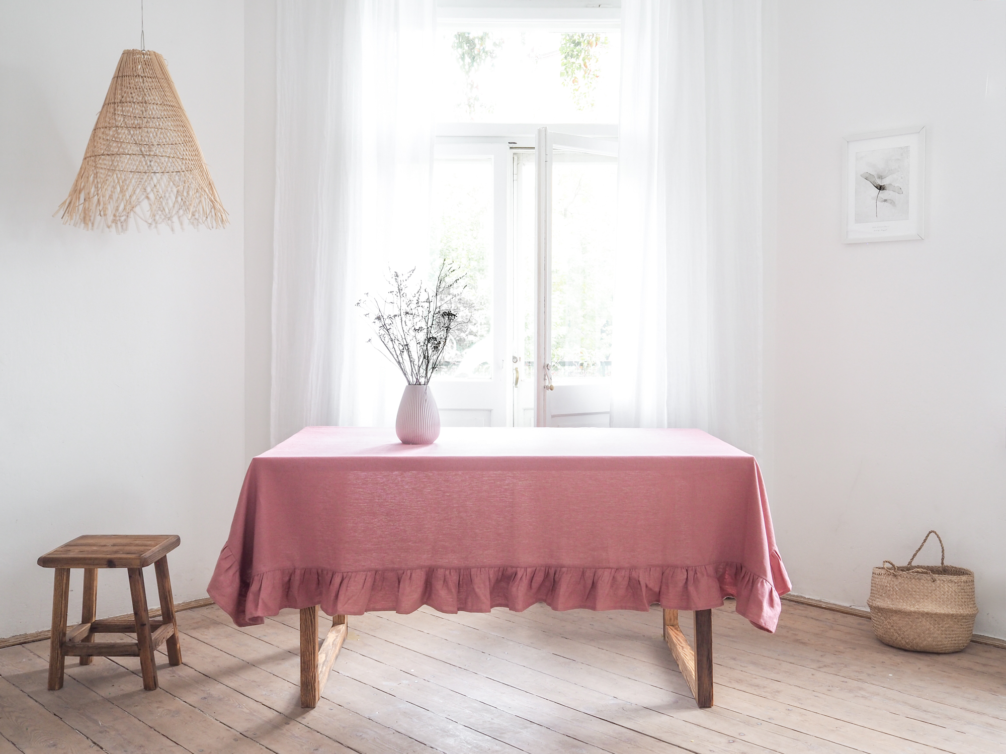 Pink thick linen tablecloth