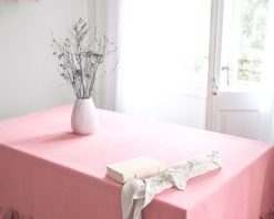 Pink thick linen tablecloth