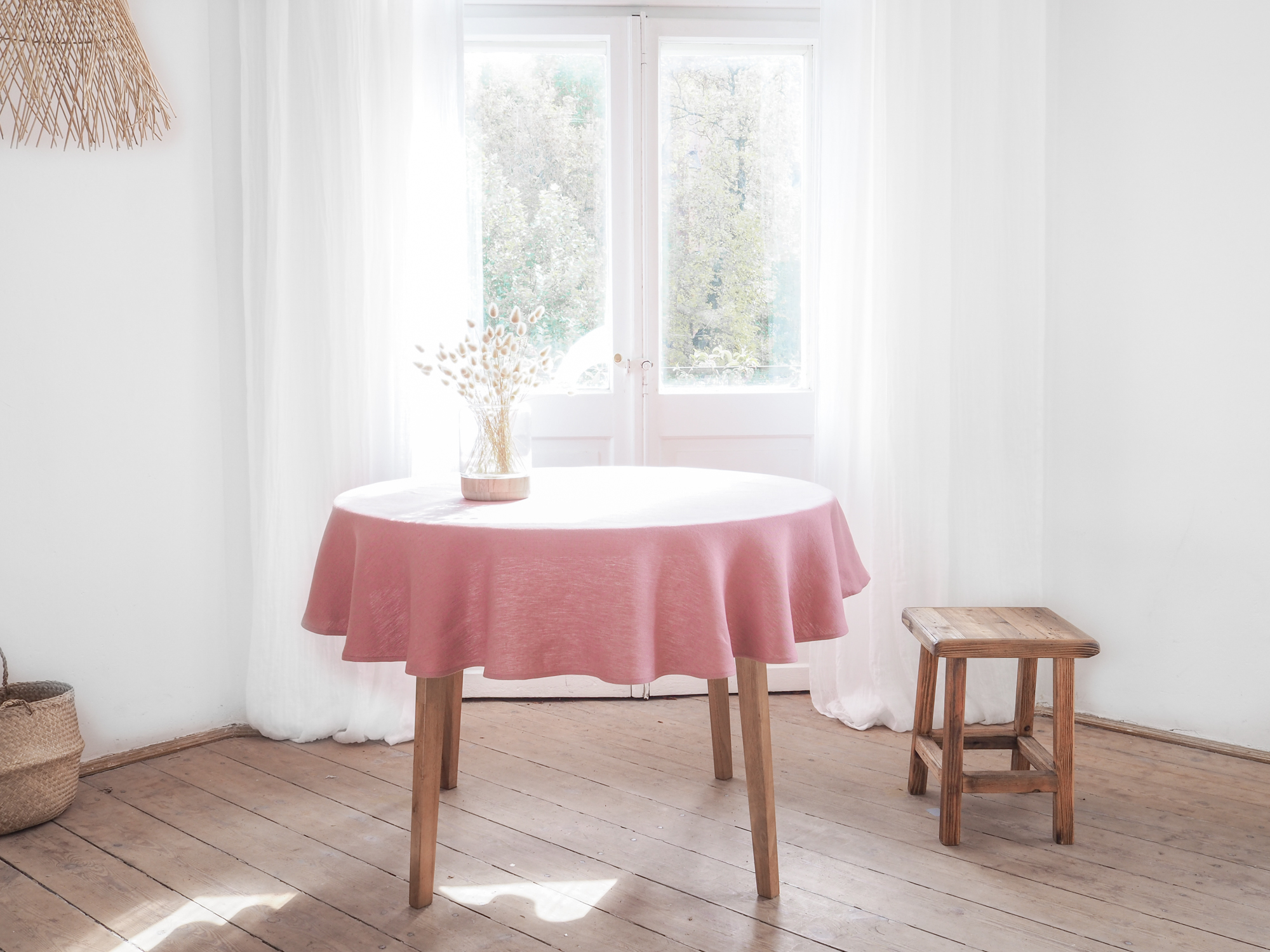 Pink round linen tablecloth