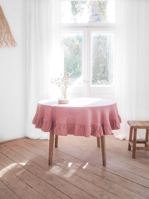 Pink round ruffled linen tablecloth