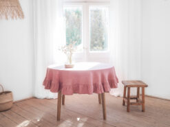 Pink round ruffled linen tablecloth