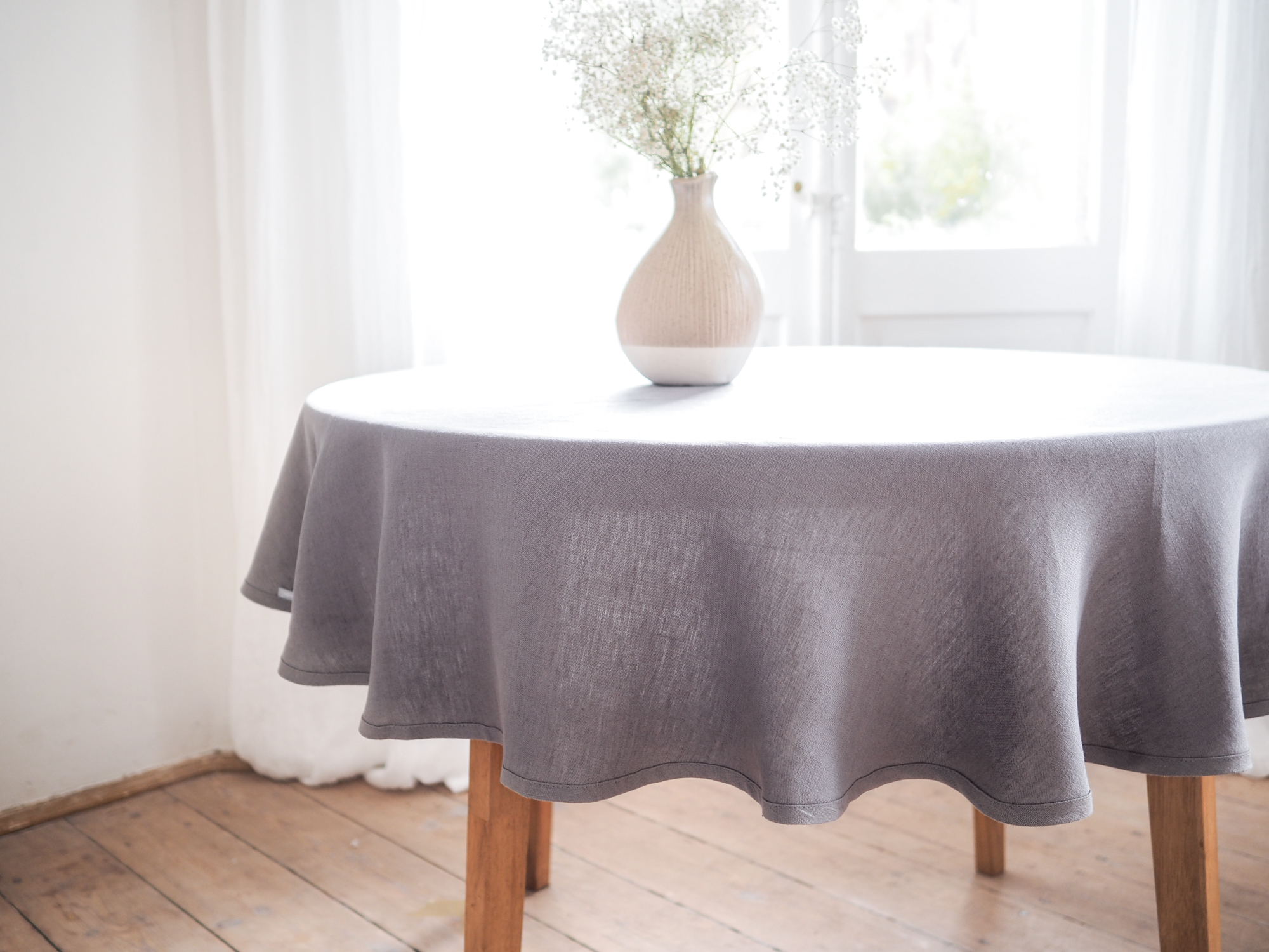 Gray round linen tablecloth