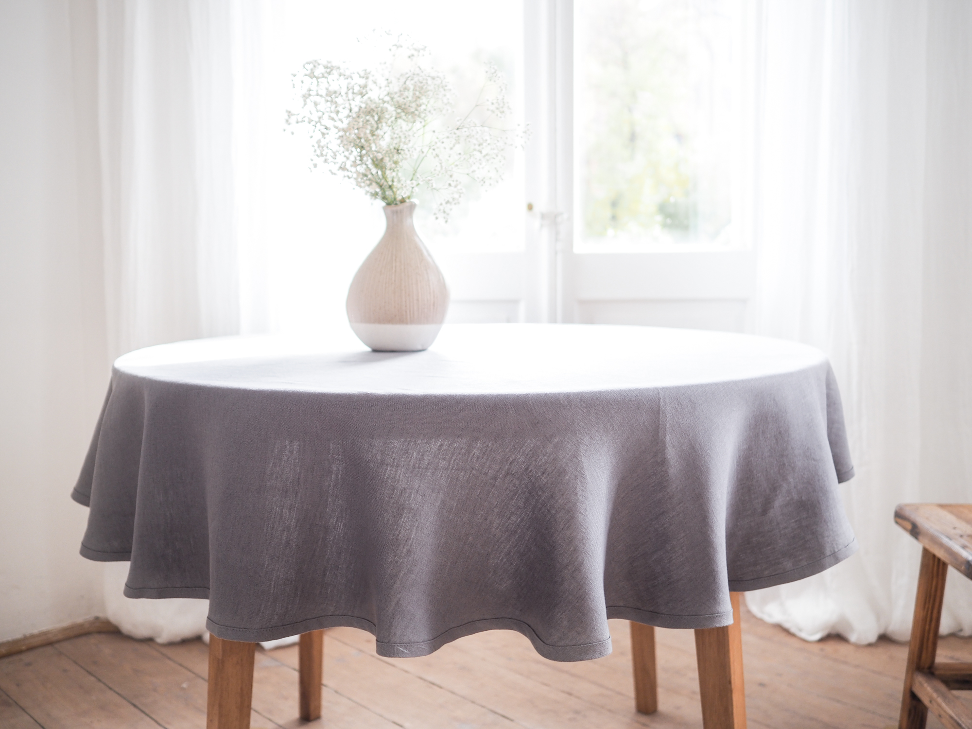 Gray round linen tablecloth