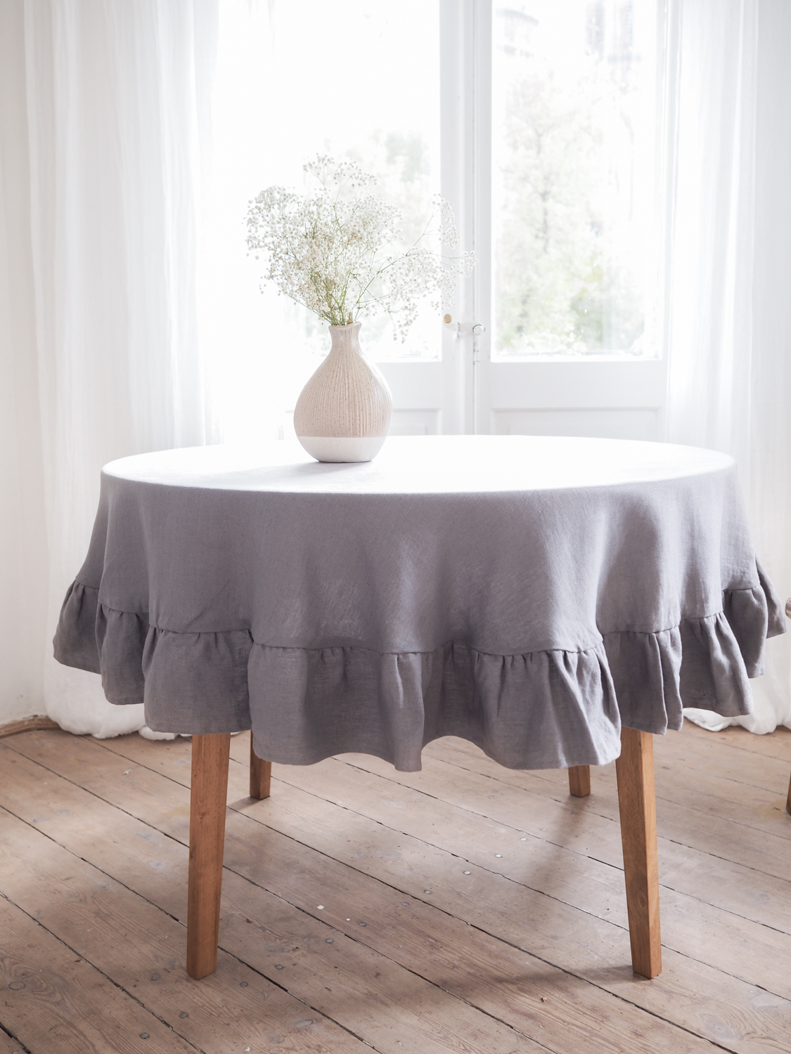 Gray round ruffled linen tablecloth