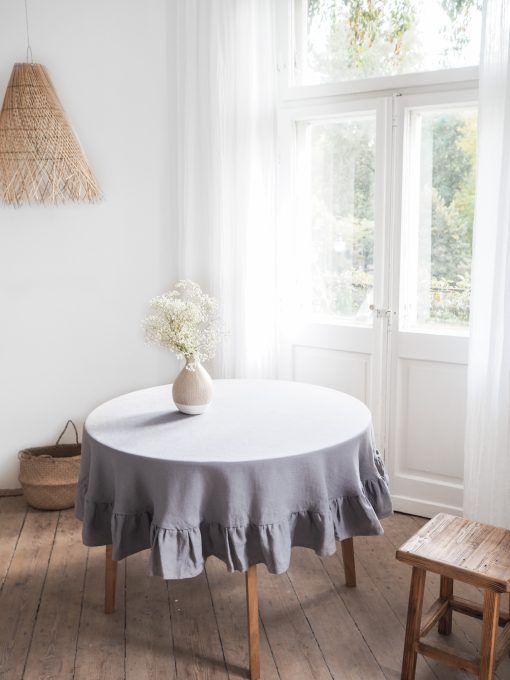 Gray round ruffled linen tablecloth
