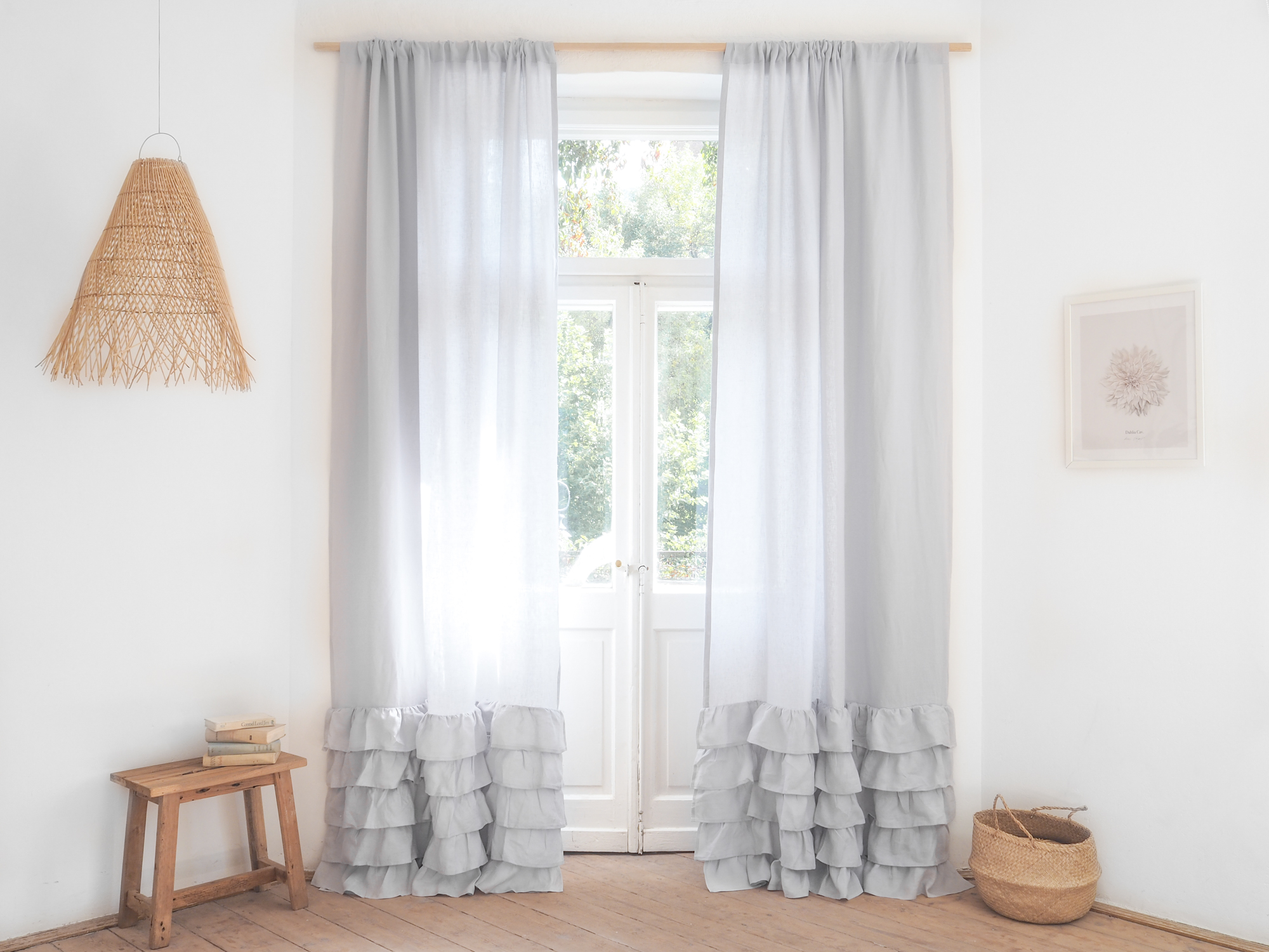 Light gray ruffled linen curtains