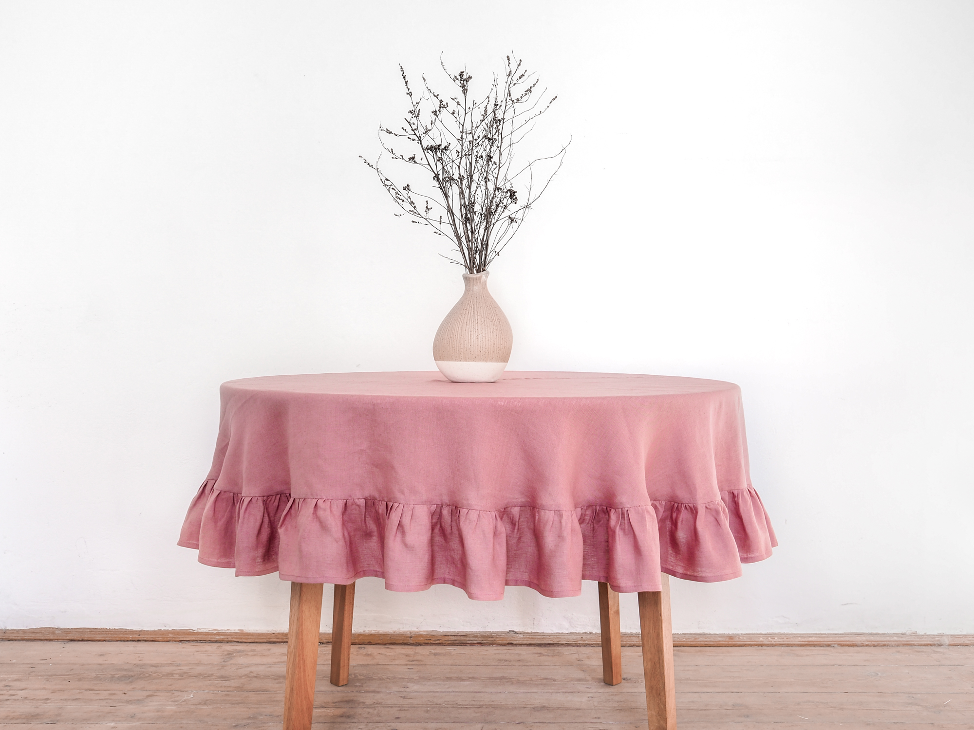 Pink round linen tablecloth