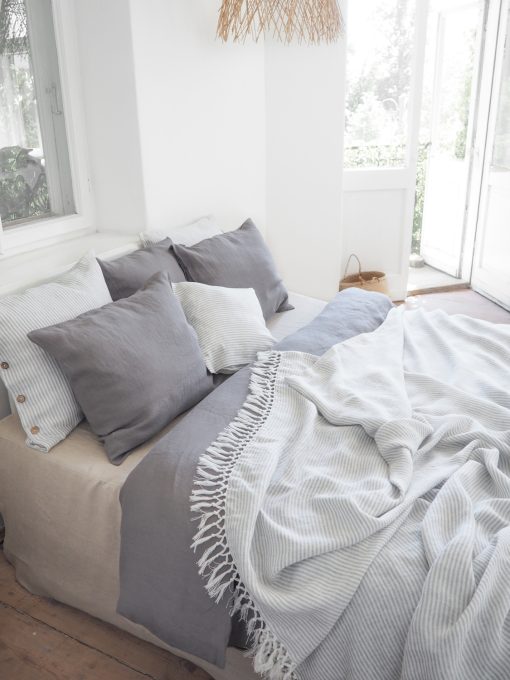 linen bedspread with fringe grey stripes