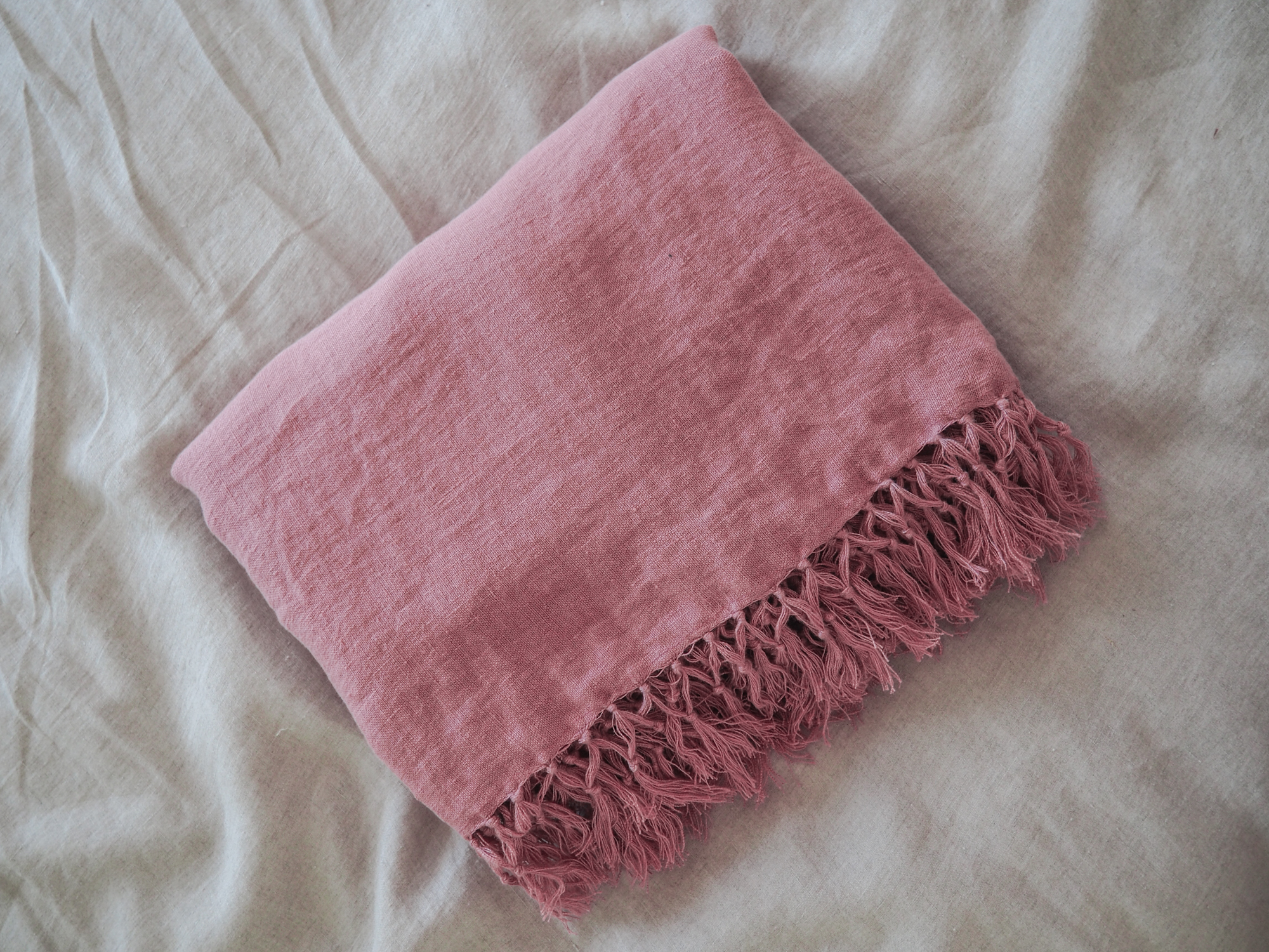 dusty pink linen blanket with fringes