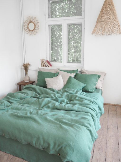 Green linen bedding