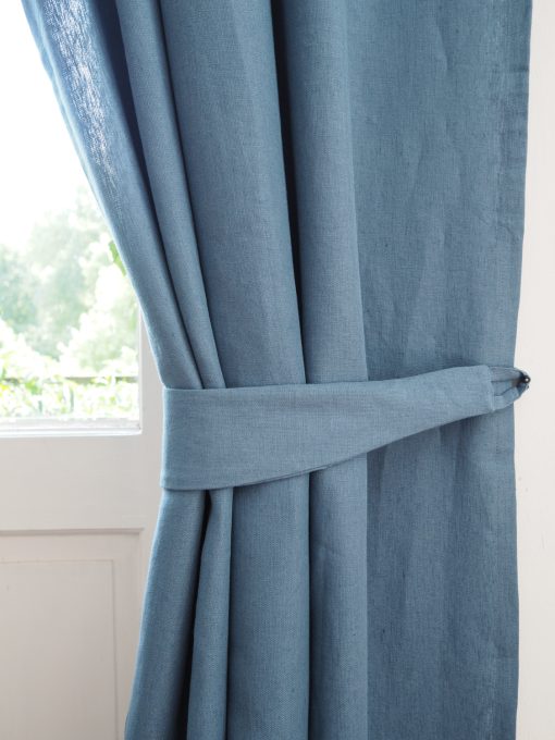 Blue linen curtain tie backs