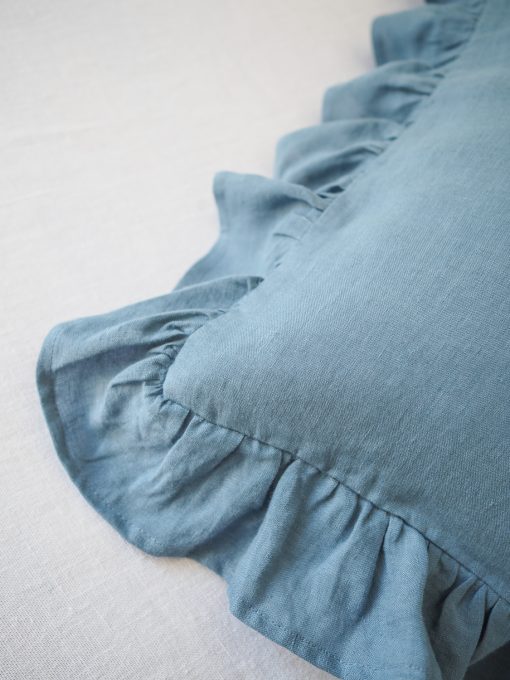Blue linen ruffled pillowcases